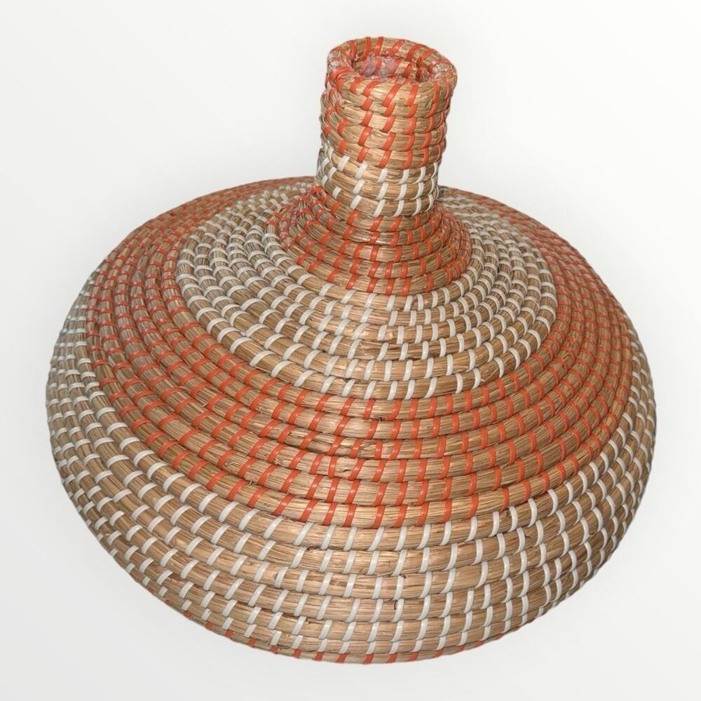 Round Wicker Lidded Decorative Basket Boho Beige/Orange 16in Freestanding - Picture 2 of 7